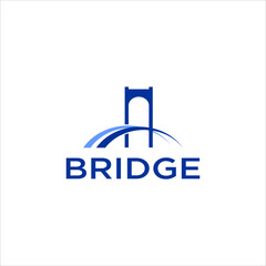 Bridge logo design with modern blue arch and tower symbol, representing connection, structure, construction, and architecture concept in minimal vector style for engineering or business identity