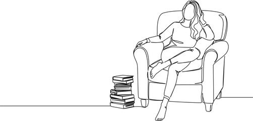 continuous line drawing of woman relaxing in comfortable armchair, line art vector illustration