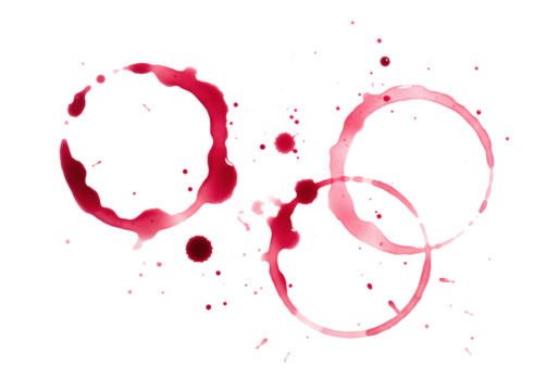 Three distinct red wine glass ring stains, crimson to rosé, with smudges and splatters forming abstract patterns on a transparent background with copy space, soft studio lighting. Concept of