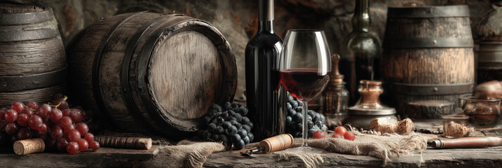 Rich red wine selection with grapes and wooden barrels in cozy setting