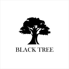 Black tree logo design with elegant natural silhouette of a large oak tree, symbol of nature, strength, growth, and life in minimal black vector style for eco, organic, and business branding
