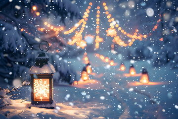 Luminous Snowflake Lantern in a Dreamy Winter Wonderland with Falling Snow and Bokeh Lights