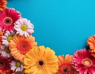 gerbera daisies floral border colorful flowers on blue background