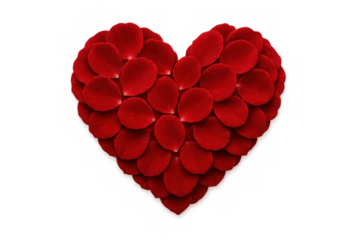 Red rose petals forming a heart shape, conveying love, passion, and romance. Transparent background for easy layering