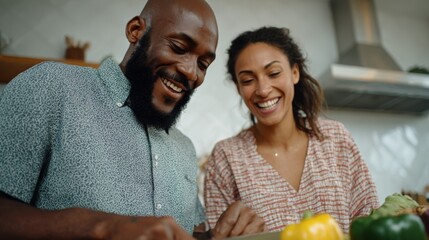 A joyful Black couple enjoying cooking together in a modern kitchen, filled with fresh vegetables and laughter.