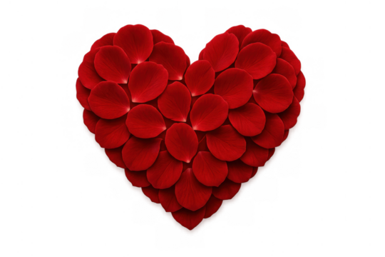 Red rose petals forming a heart shape, conveying love, passion, and romance. Transparent background for easy layering