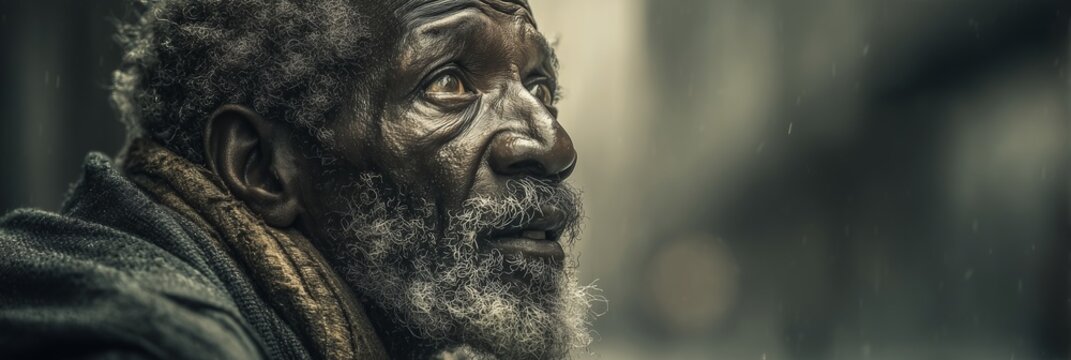 Portrait of a homeless african american hobo old man. elderly man with deep wrinkles and a weary expression gazes into the distance. The image conveys resilience, life experience