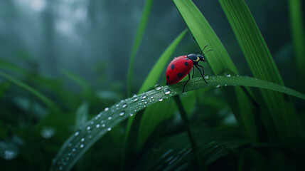 Delicate ladybug resting on dewy green grass blade in misty morning light, perfect for nature blogs or serene ecological campaigns
