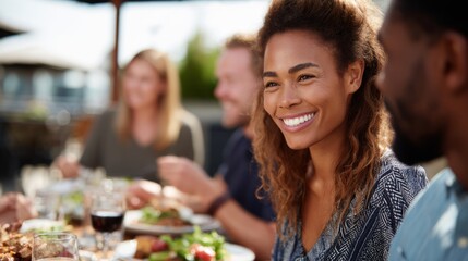 Smiling woman at a lively outdoor gathering, enjoying a meal with friends and a sunny atmosphere.
