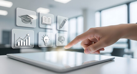 Realistic hand interacting with modern EdTech icons and digital interface elements. Ideal for online learning platforms, e-learning solutions, virtual classrooms, educational apps, training systems, a