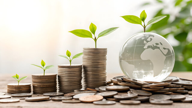 A globe placed on stacks of coins, with small green leaves sprouting around it. Symbolizing global sustainable finance and eco-friendly economic growth.