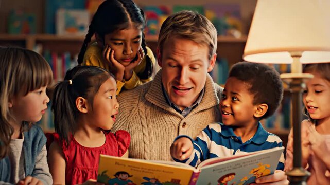 Man reading to a diverse group of children indoors at a library