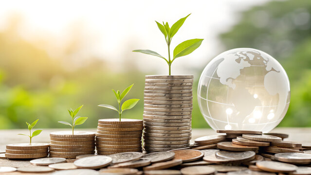 A transparent globe placed on stacks of coins, with small green leaves sprouting around it. Symbolizing global sustainable finance and eco-friendly economic growth.