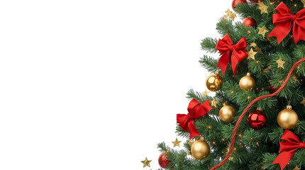 Christmas tree decorated with ornaments, bows, and copy space