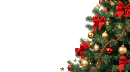 Christmas tree decorated with ornaments, bows, and copy space