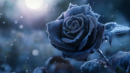 Elegant black rose glistening with dew, perfect for sophisticated designs and evocative projects, a captivating floral accent with a touch of mystery