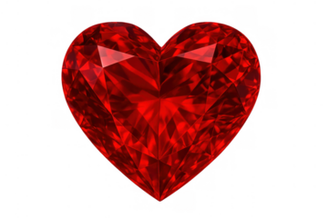 Heart shaped ruby with intricate facets symbolizing love, passion, and romance on a transparent background