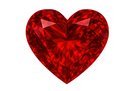 Heart shaped ruby with intricate facets symbolizing love, passion, and romance on a transparent background