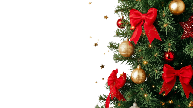 Festive christmas tree branch with red bows and golden ornaments