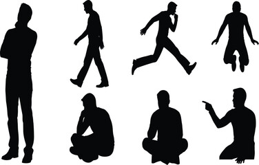 Black silhouette vector collection of men thinking, walking, jumping, and pointing, illustrating diverse human actions, contemplation, movement, and emotional expression, isolated on white.