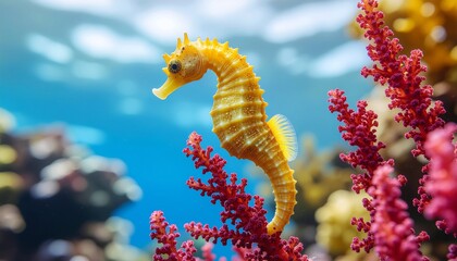 A vibrant yellow seahorse swims amidst colorful coral in a serene underwater scene