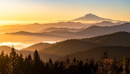 Majestic mountain scenery with layers of hills and a vibrant sunset atmosphere