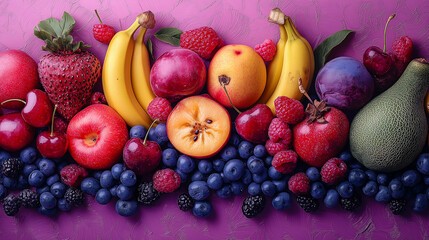 Vibrant assorted fruits on purple background for fresh eating lifestyle, healthy food choices, and delicious ingredients for summer desserts and smoothies