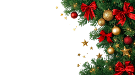 Festive christmas tree border with ornaments, bows, and lights