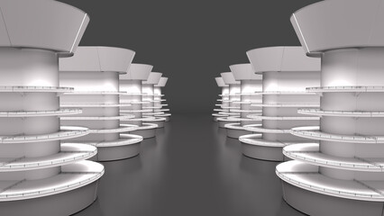 Aisle between rows of rounded white gondola display racks. 3d illustration on grey background