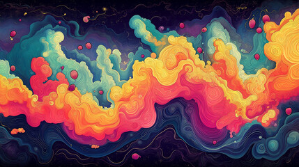 Vibrant abstract clouds with cosmic orbs create a dreamy, psychedelic artwork, radiating energy and imagination for stunning backgrounds and creative projects