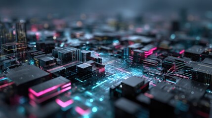Abstract futuristic city with neon lights and digital circuits technology concept