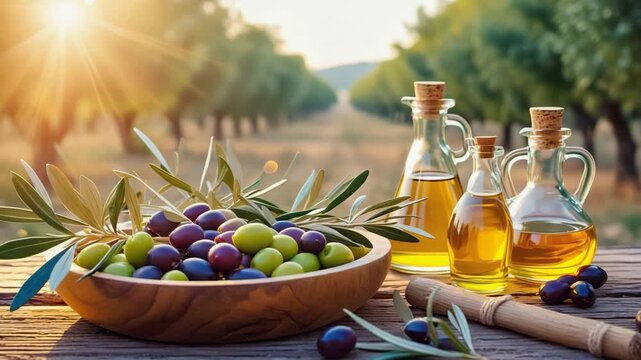 Glass of oil and Fresh green olives on wooden bowl alongside olive branches