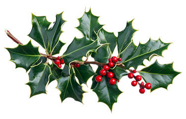 Festive Holly Branch with Red Berries Foliage Evergreen Twig Decoration Holiday Greenery Isolated