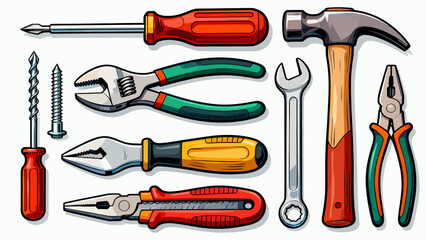 A collection of maintenance tools, cartoon hand-drawn vector illustrations, hammers, screwdrivers, wrenches, pliers, tape measures, screws, and screwdrivers