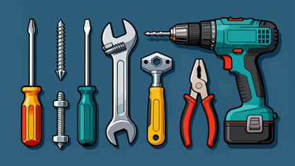A collection of maintenance tools, cartoon hand-drawn vector illustrations, hammers, screwdrivers, wrenches, pliers, tape measures, screws, and screwdrivers