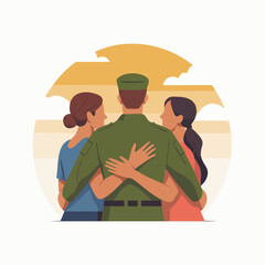 Soldier Homecoming Hug with Family Silhouette at Warm Sunset