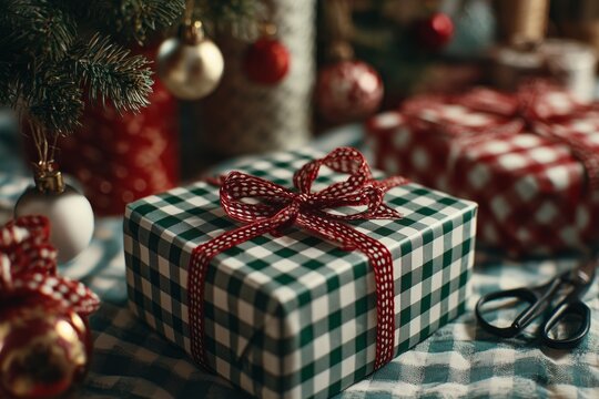 Gift-wrapped Present With Red Ribbon and Checkered Pattern Under Festive Decorations