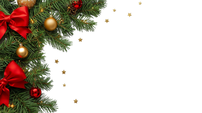Christmas tree border with red bows, golden baubles, and stars