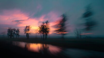 Fototapeta premium A blurred landscape at sunset with silhouetted trees and a reflective water surface. The sky displays vibrant colors of pink and blue.