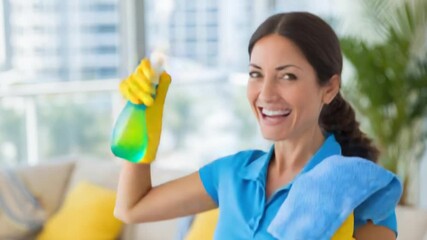 Smiling woman with cleaning supplies, in front of a window. Wearing gloves and blue shirt