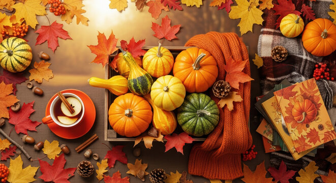 Autumn sale arrangement with ripe pumpkins and colorful leaves presents seasonal atmosphere. Autumn sale includes orange scarf, cup of tea, and fall foliage.