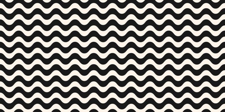 Simple vector seamless pattern with horizontal wavy lines, bold stripes, liquid shapes. Black and white abstract waves texture. Minimal monochrome background. Repeat design for print, decor, textile