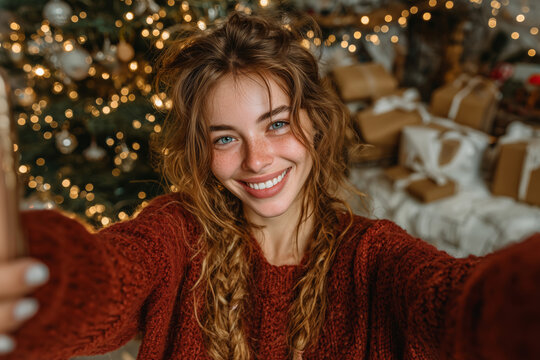 Joyful woman in red sweater takes a cheerful selfie by festive Christmas tree