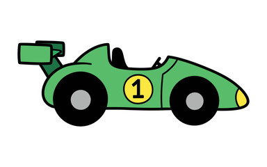 Obraz premium Cute cartoon illustration of a side view green race car with a large spoiler and the number one in a yellow circle