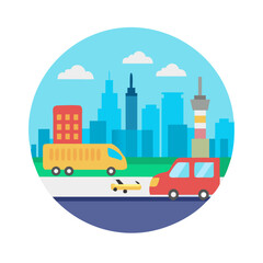 Colorful cartoon cityscape scene with vehicles on the road