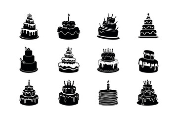 Collection of twelve black silhouette icons of tiered birthday and celebration cakes featuring candles and dripping frosting