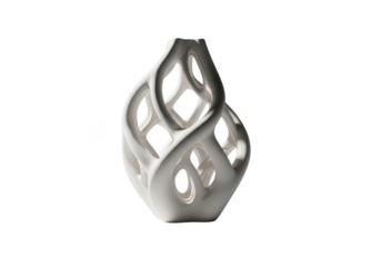 Modern white ceramic decorative vase with intricate openwork design isolated on transparent background