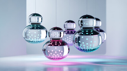Reflective hanging orbs with vibrant dotted light glow