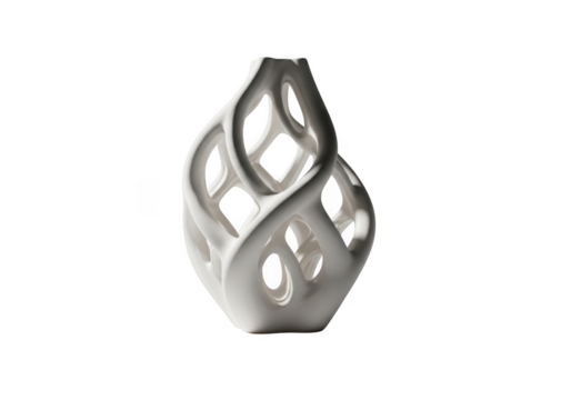 Modern white ceramic decorative vase with intricate openwork design isolated on transparent background