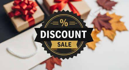 Black Friday deals with gift boxes and autumnal leaves, preparing for seasonal savings. Discount shopping for Black Friday with gifts wrapped for special occasions,